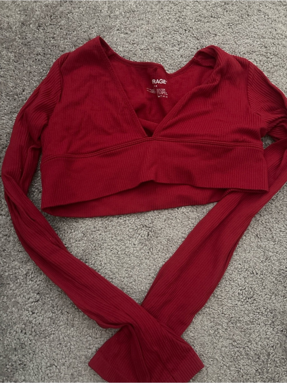 Garage Red Ribbed V-Neck Long Sleeve Crop Top